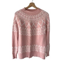 LOFT Fair Isle Sweater Womens XS Pink White Crew Neck Nordic Winter Pullover
