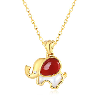 18K Gold Natural Red Agate Cute Baby Elephant Handmade Pendant Necklace