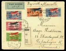 LEBANON 1929 AIRMAIL multiple frank(inc sc C36) Reg. cvr Beirut to Copenhagen DK