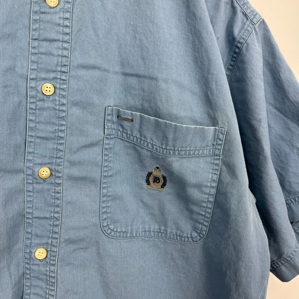 Bugle Boy Short Sleeve Button Shirt Men's L Blue Crest Logo Pocket Vtg 90s - Image 4 of 4
