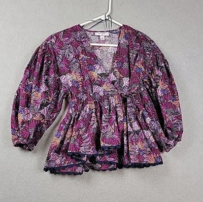 Kika Vargas Target 100% Cotton Purple Floral LS Scallop Edge Wrap Top Womens XXS