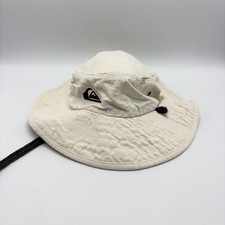 Vtg 90s Quiksilver Boonie Hat Cream Canvas Wide Brim Chin Strap Made in USA Surf