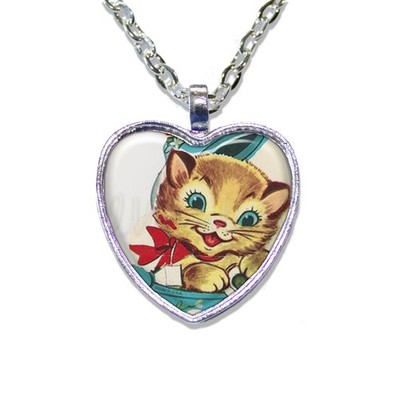 Adorable Retro Kitten Cat Lovers - Heart Shaped Pendant Necklace Jewelry