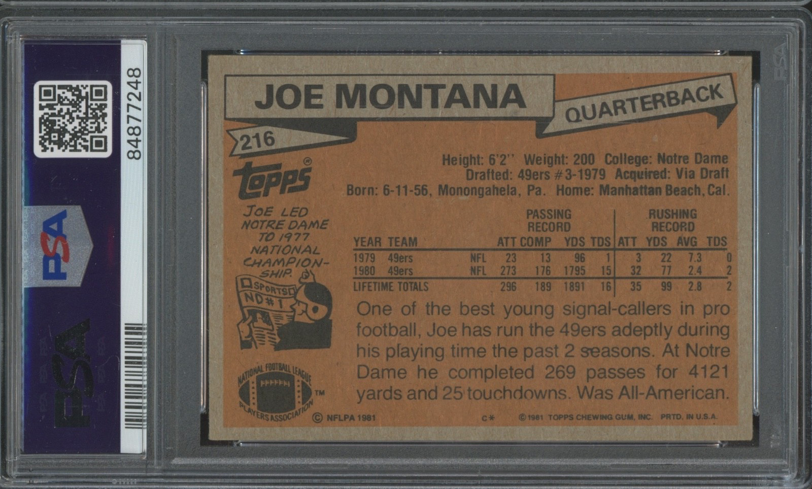 1981 Topps Football #216 Joe Montana EX PSA 5 view 2