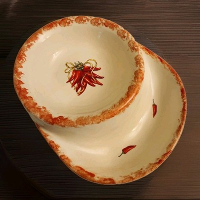Chili Peppers Salsa Chip And Dip Bowl  Round Red Creme