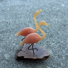 Vtg John Perry 2 Pink Flamingos On Burl Wood Sculpture legs up decor