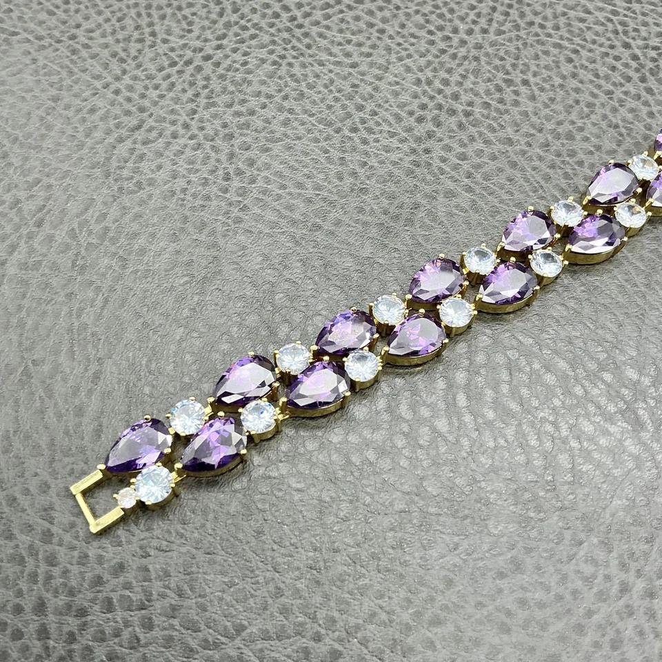 Brazalete Disfraz Eslabón Cristal Lágrima Amatista Tono Dorado Corte Pera Mujer 8" Foto 2 de 4