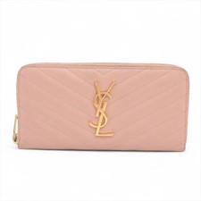 Saint Laurent Monogram YSL logo CFP358094 Leather Zip Round Wallet Beige