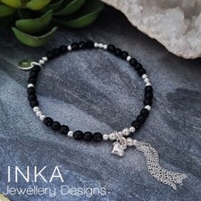 925 Sterling Silver Onyx and Tassel Bracelet Beaded Gemstone Stacker By INKA