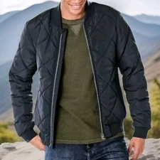 Garmily Quilted Bomber Jacket Men Med Vegan Leather Full Zip Black Pockets New