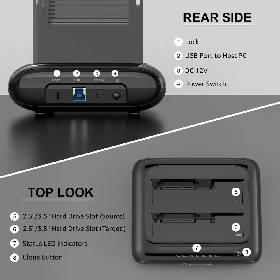 CAJA DE DISCO DURO 2.5/3.5 PULGADAS HDD SSD DOCK COPIA OFFLINE USBA/C A SATA DOBLE BAHÍA Foto 2 de 4