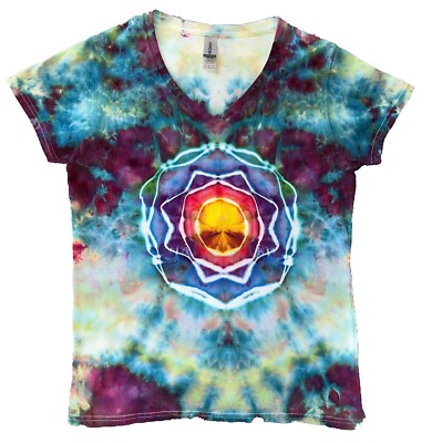 Mandala/Scrunch Ice Tie Dye T-Shirt, Women's M SS V Neck, Multicolor Rainbow