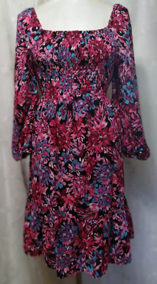 NANETTE LEPORE Size 4 Smocked Floral Dress Puff Sleeves Multicolor Pink/Red/Blue