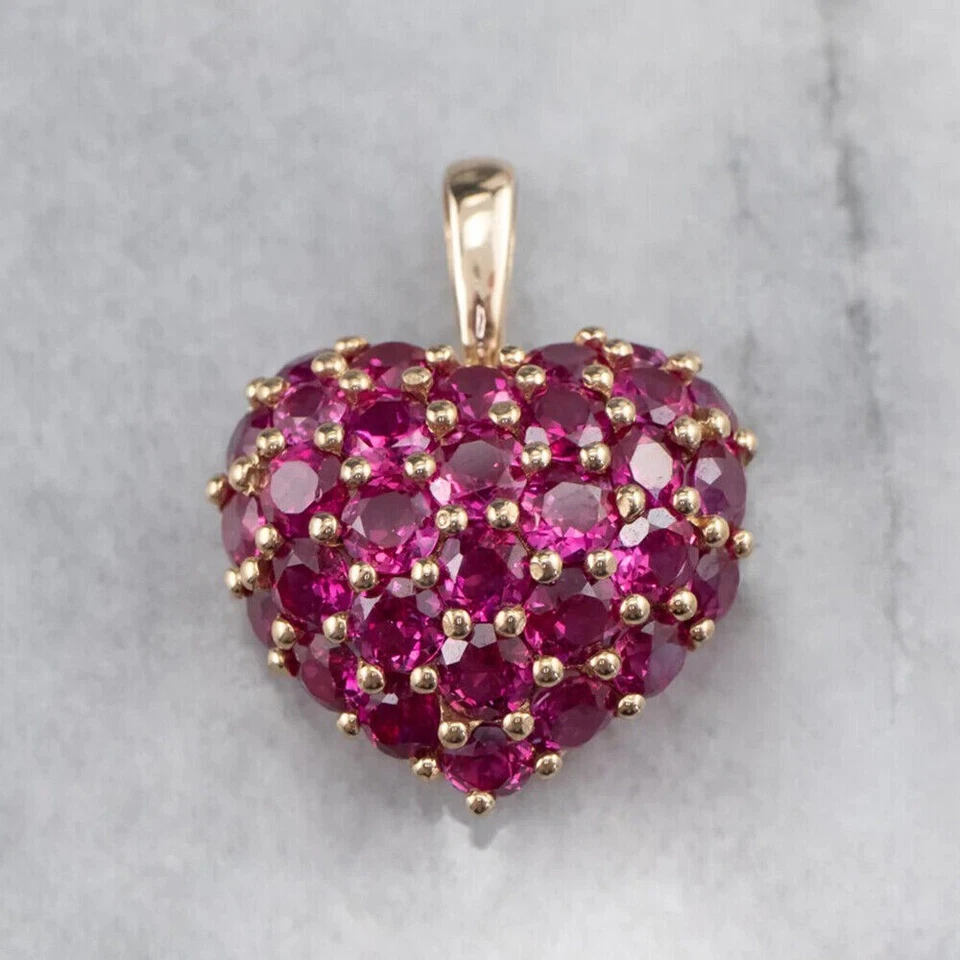 3Ct Round Cut Natural Ruby Cluster Heart Pendant Necklace Solid 14K Yellow Gold - Image 2 of 4