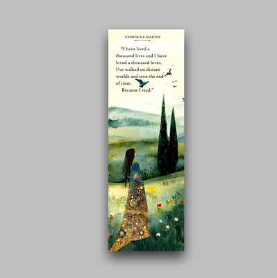 Whimsical unique bookmark girl in flower meadow birds trees positive quote gift