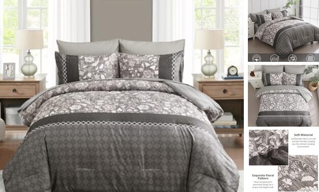 Comforter Set 7 Pieces Bed in a Bag Floral Geometric Patchwork Soft Queen Grey