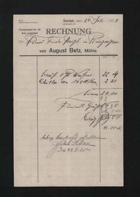 SCHLATT, Rechnung 1928, August Betz Mühle