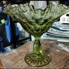 Large Vintage Fenton Depression Glass Colonial Green Ruffled Thumbprint Compote