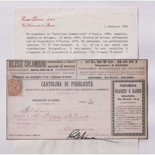 REGNO 1889 FRANCALETTERE UMBERTO 20 C. PERF. CC N.1 US SU BUSTA CERT. - Foto 3 di 3