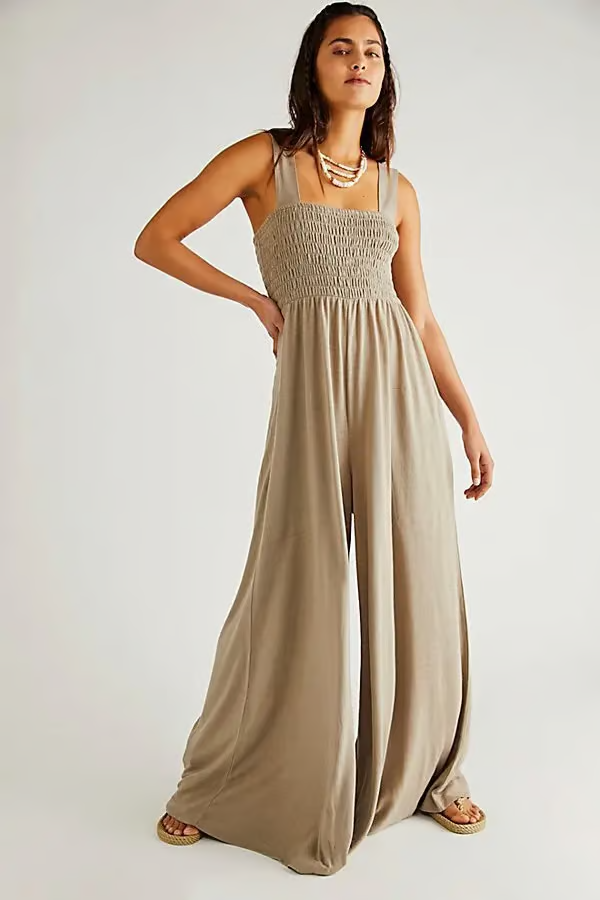 Free People Smocked Wide-Leg Homecoming Jumpsuit Jumper, Neutral