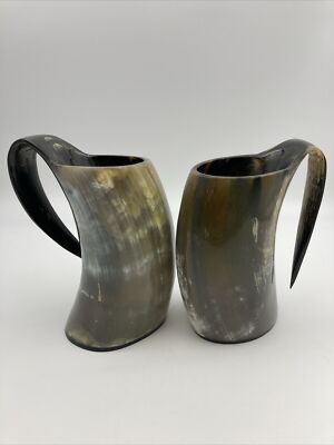 Pair of AleHorn Viking Horn Mugs For Beer Wine Mead Ale Authentic Tankards 6 