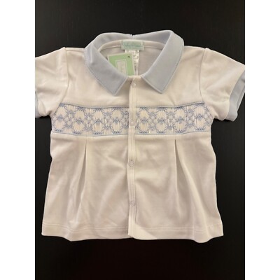 Baby Threads Smocked Front Snap Top Infants 6m Blue/White Peruvian Pima Cotton