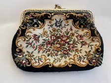 Vintage Tapestry Clutch Purse Handbag Black Floral Hong Kong 60s Gold Tone Chain