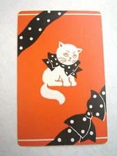 1930s White Cat Single Swap Playing Card Halloween Orange Black Polka Dot Bows