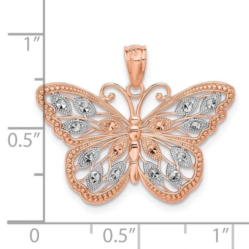 Colgante mariposa real de oro rosa de 14kt con corte de diamante rodio Foto 4 de 4