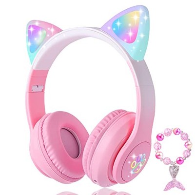 Cat Ear Kids Headphones Bluetooth, LED Light up Wireless/Wired Mode Over Pink