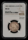 1853 25c Seated Liberty Silver Quarter - PQ - Arrows Rays - NGC MS 63 - B5637