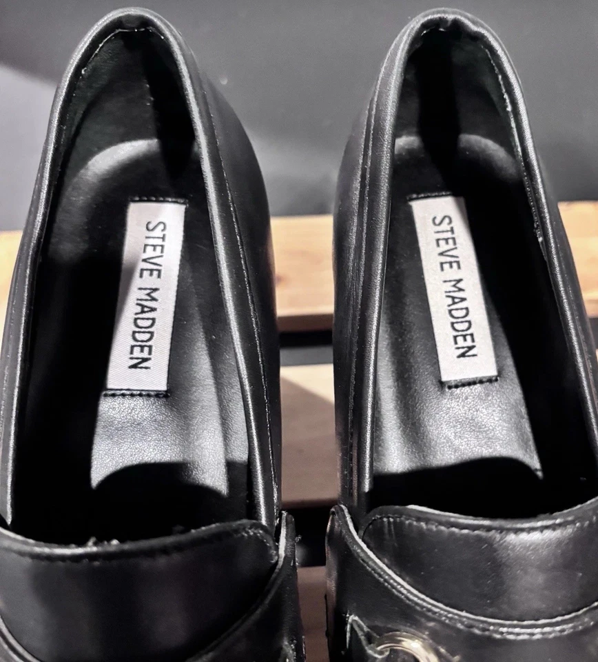 Steve Madden Cenicienta Mujer 9M Negro Cuero Plataforma Mocasín Grueso Tacón Bloque Foto 4 de 4