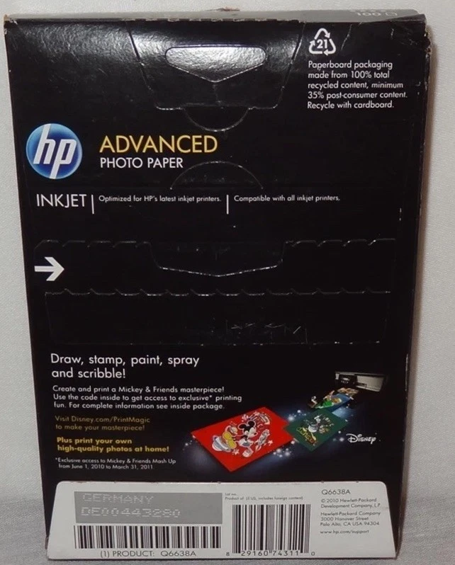 Unopened Disney HP Advanced 4 X 6 Glossy Photo Paper 100 Count  Q2238A  2010  - Image 2 of 3