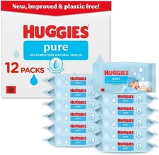 Image of Huggies Pure Plastic Free Baby Wipes - Pack of 12 (576 Wipes 99% Water Wet Wipes