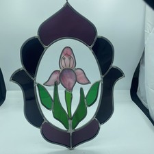 VTG Stained Glass Tulip Panel Pink Purple Floral Suncatcher Window Decor 14x10