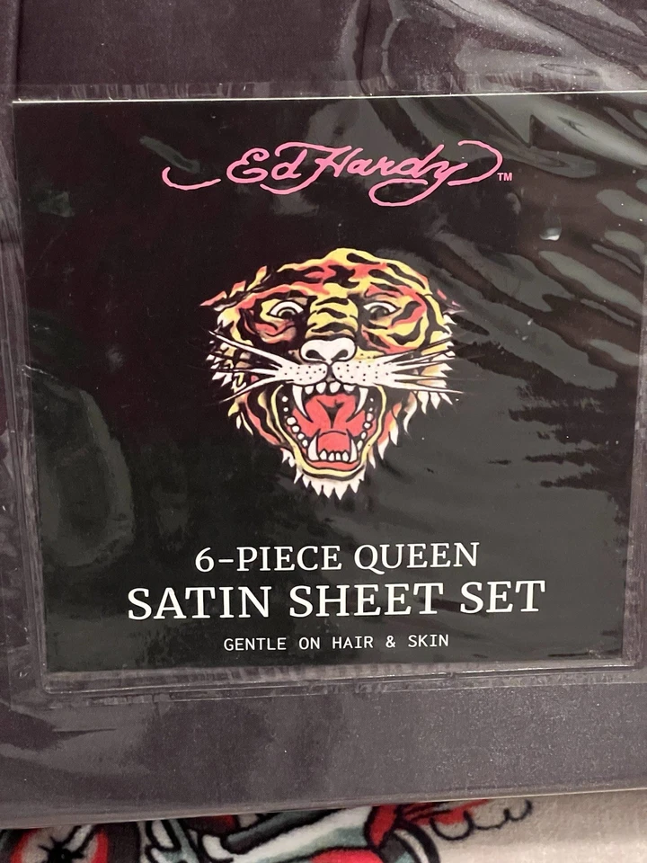 Edredón Ed Hardy Queen estampado de leopardo con juego de sábanas de satén Queen negro de 6 piezas Foto 3 de 4