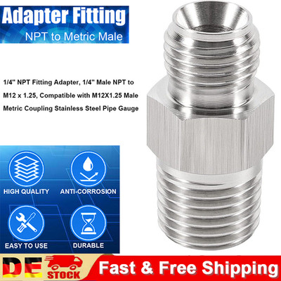 Adapter Fitting 1/4  NPT to Metric Male M12 x 1.25, Fits for Coupling Pipe Gauge