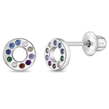 Multicolored Round Kids / Children / Girls Earrings Screw Back - Sterling Silver
