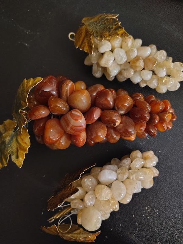 Set of 3 Vintage Grape bunch semi precious natural Agate and Quartz with copper