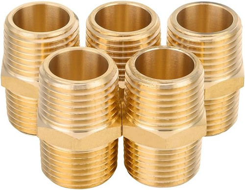 5 Piece Brass Pipe Fittings, 1/2-Inch Male NPT Hex Nipple | Straight Adapter fo