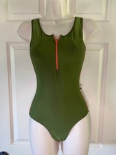 Yumiko Cora Leotard Adult Large Olive Green Orange Zip Ballet Dance Side Stripe