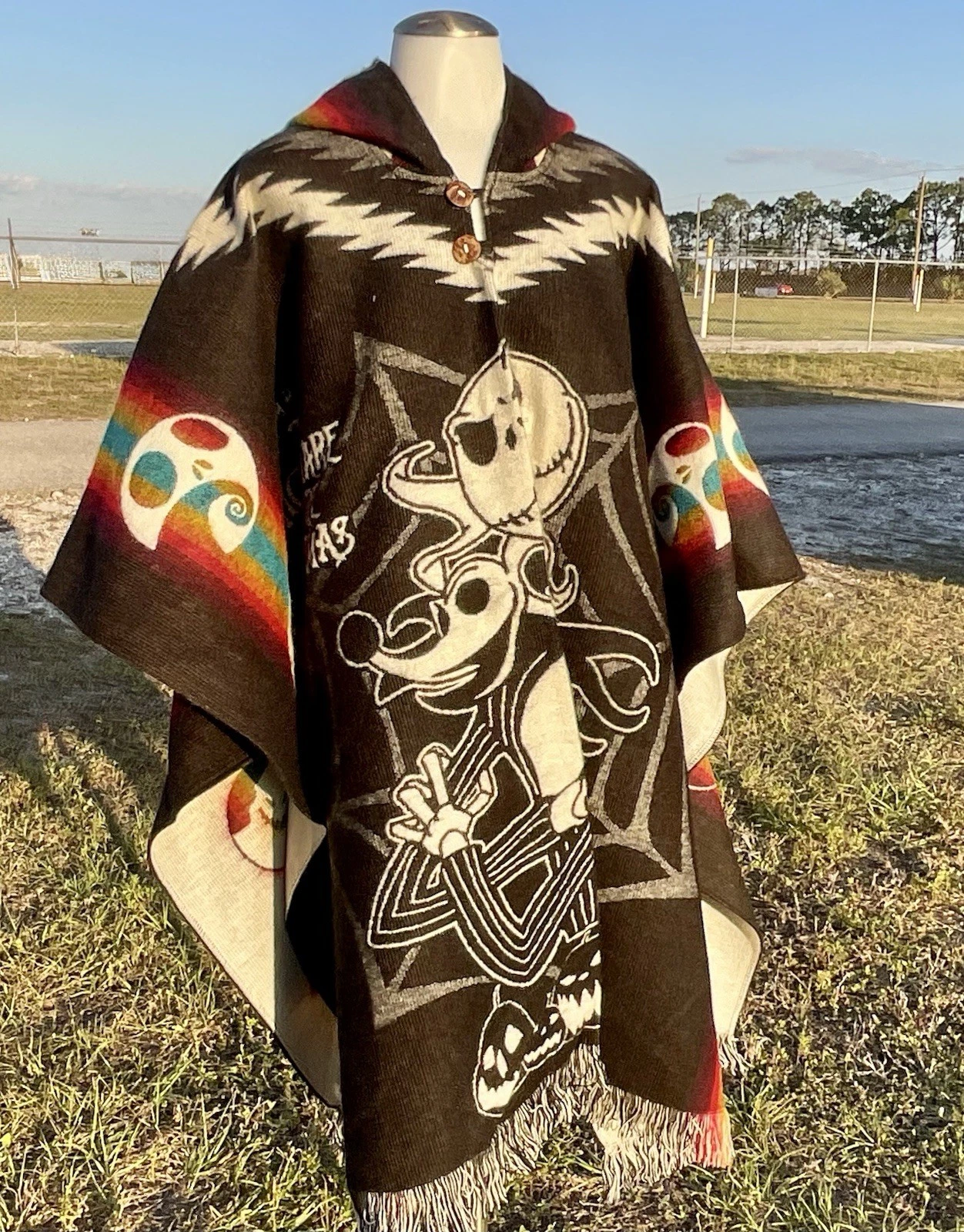 HANDMADE ALPACA PONCHO UNISEX Jack Skellington Black Made In Ecuador Soft & Warm
