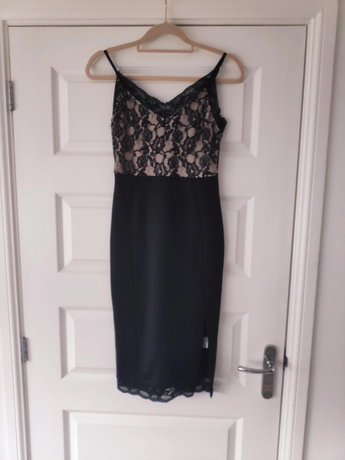Jane Norman Black & Nude lace Bodycon Pencil LBD Dress Uk8 Y2k vintage 90's