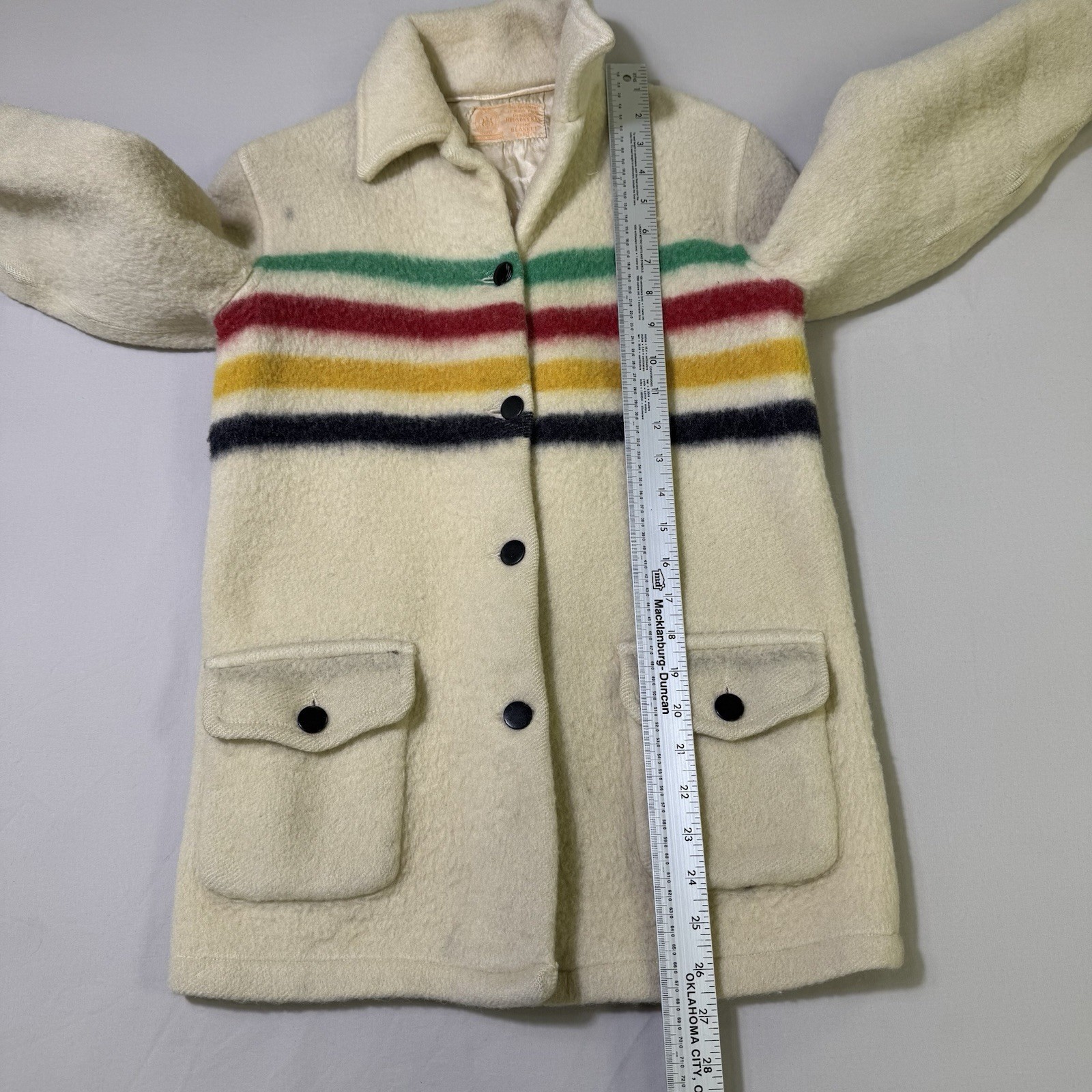 VTG Hudson's Bay Co Wool Point Blanket Jacket Coat Rainbow Stripes 50s 60s