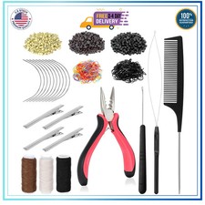 Hair Extension Tools Kit 600 Micro Rings 1 Plier 2 Needles 10 Curved Needles...