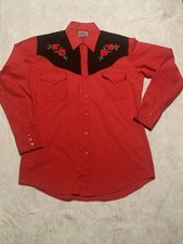 Vintage Ely Diamond Western Ranch Men's Shirt Size Medium Red Roses Snap Buttons