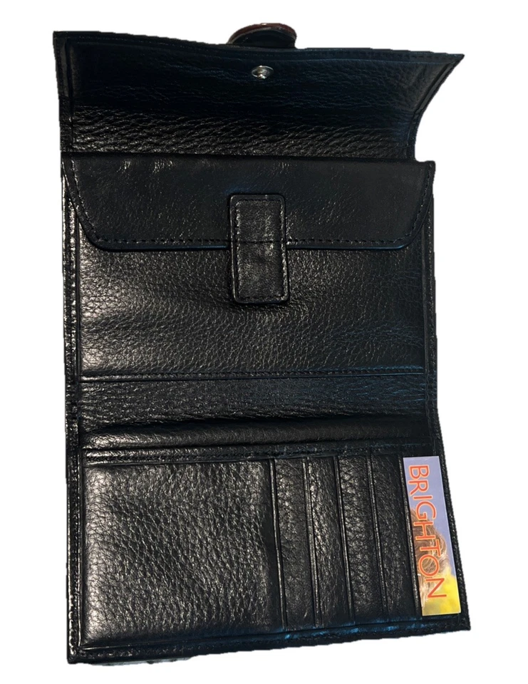 "Cartera tejida de cuero Brighton detalles plateados negra marrón 6""x4""" Foto 3 de 4