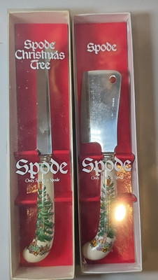 QTY 2 VTG Spode Christmas Tree Cheese Knife Cleaver Spreader Holiday Utensil