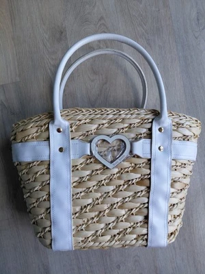 Suzy Smith Woven Straw Tote Bag with White Straps & Heart Detail New - Image 1 of 4