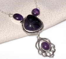 925 Silver Plated Exclusive Natural Amethyst Necklace 18" Elegant Jewelry GW